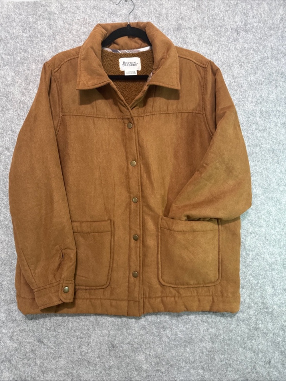 Boston Traders Jacket - Womens M - Tan Brown Flannel Pockets Fall Faux Fur